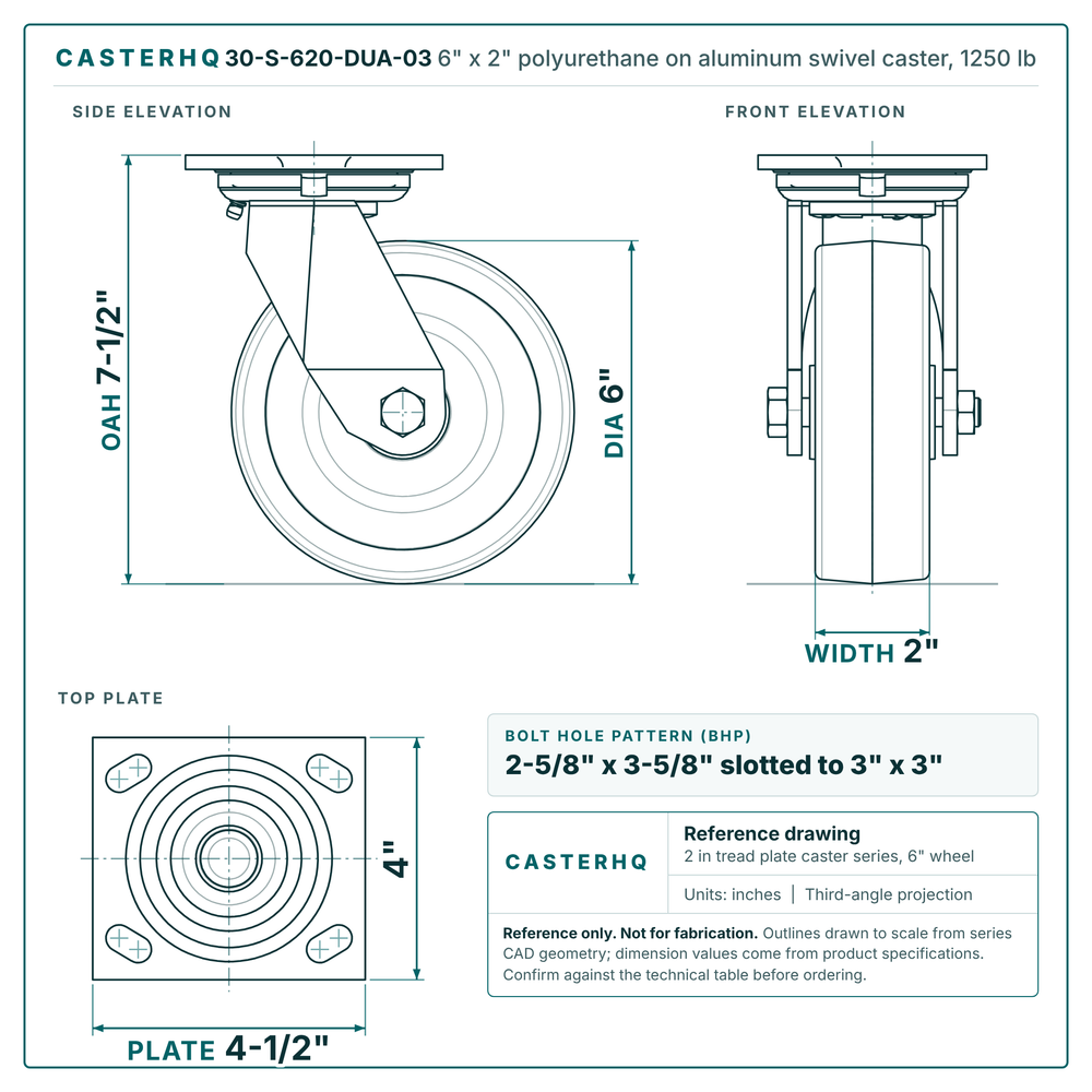 30-S-620-DUA-03 6 x 2 in polyurethane on aluminum swivel caster reference drawing, side, front and top plate views with dimensions