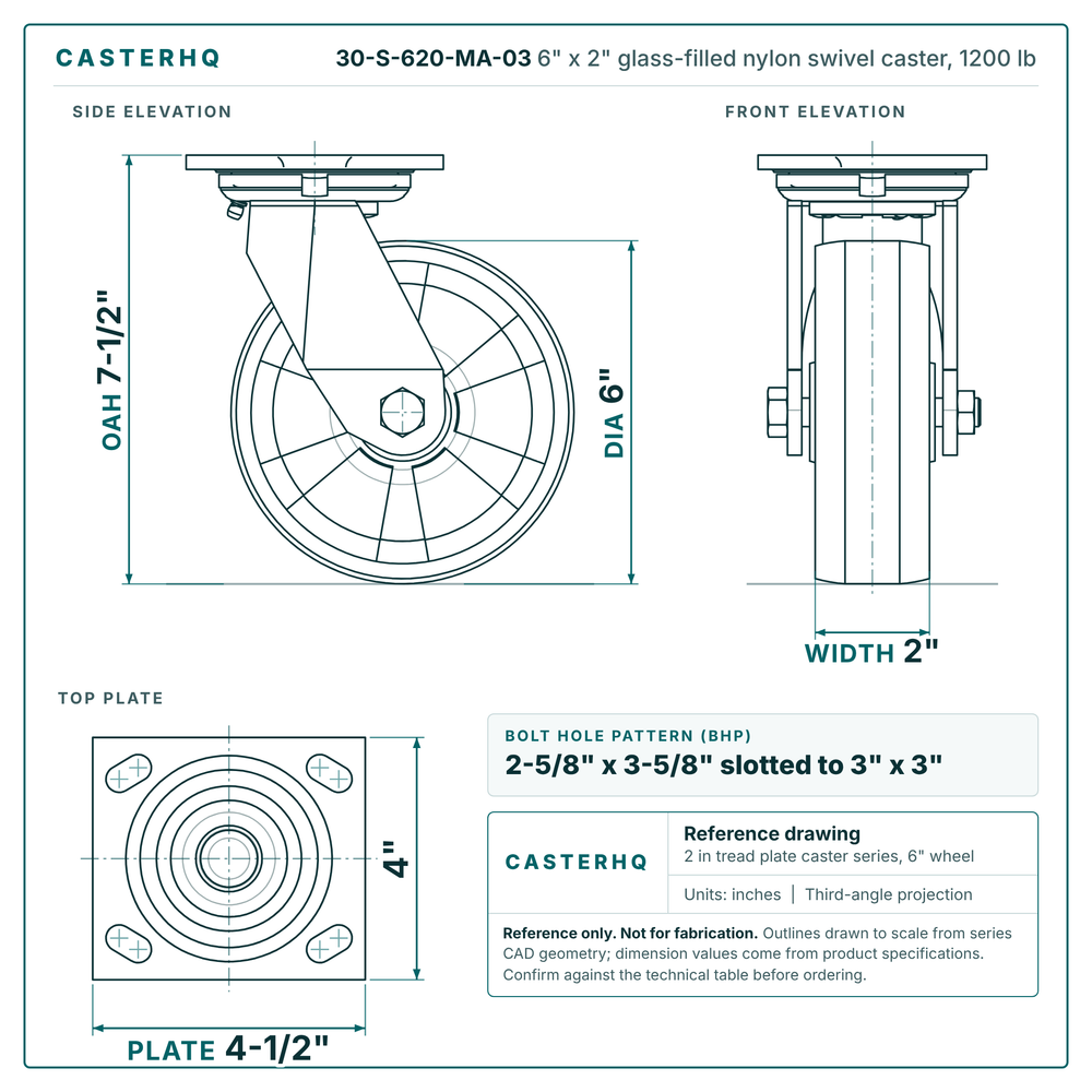 30-S-620-MA-03 6 x 2 in glass-filled nylon swivel caster reference drawing, side, front and top plate views with dimensions