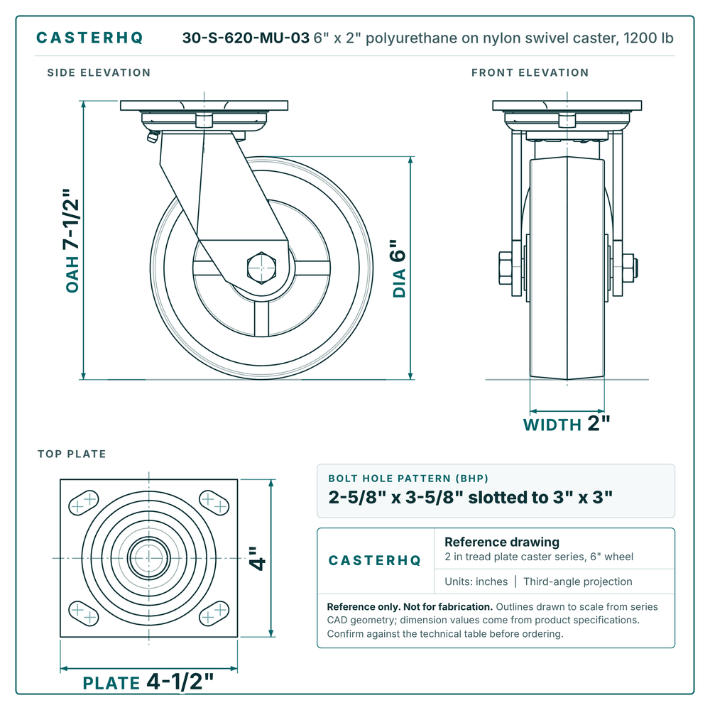 30-S-620-MU-03 6 x 2 in polyurethane on nylon swivel caster reference drawing, side, front and top plate views with dimensions