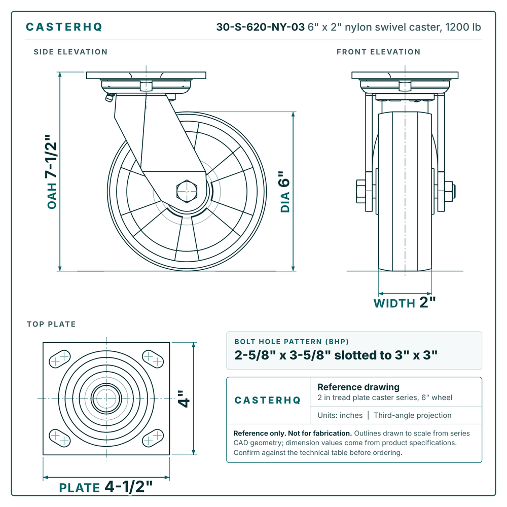 30-S-620-NY-03 6 x 2 in nylon swivel caster reference drawing, side, front and top plate views with dimensions