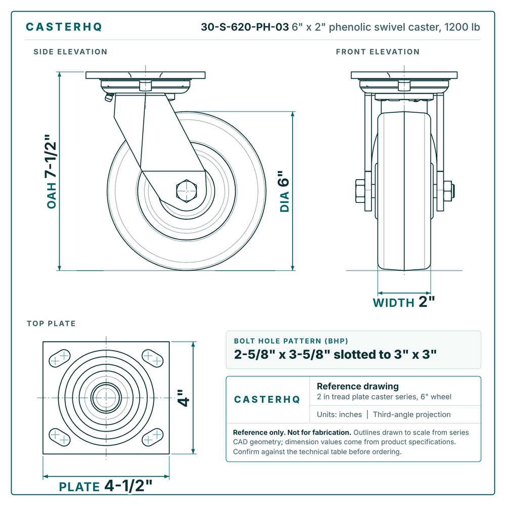 30-S-620-PH-03 6 x 2 in phenolic swivel caster reference drawing, side, front and top plate views with dimensions