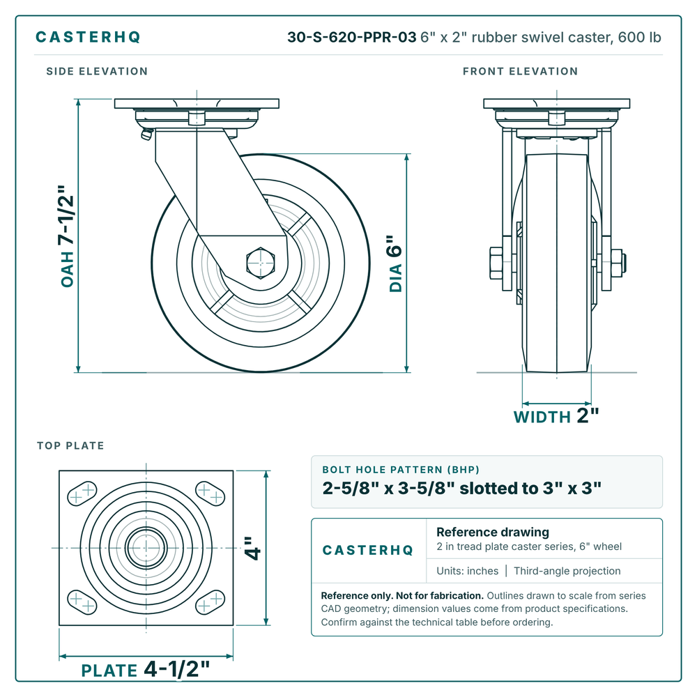 30-S-620-PPR-03 6 x 2 in rubber swivel caster reference drawing, side, front and top plate views with dimensions