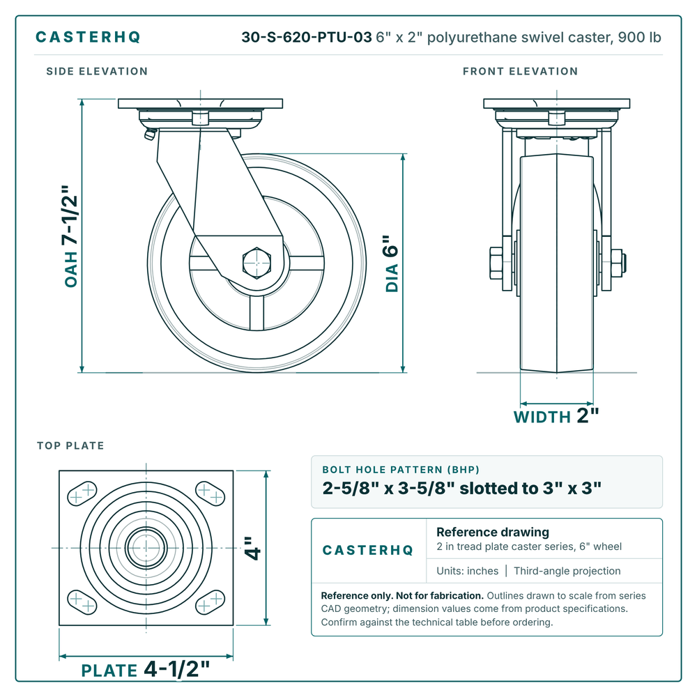 30-S-620-PTU-03 6 x 2 in polyurethane swivel caster reference drawing, side, front and top plate views with dimensions