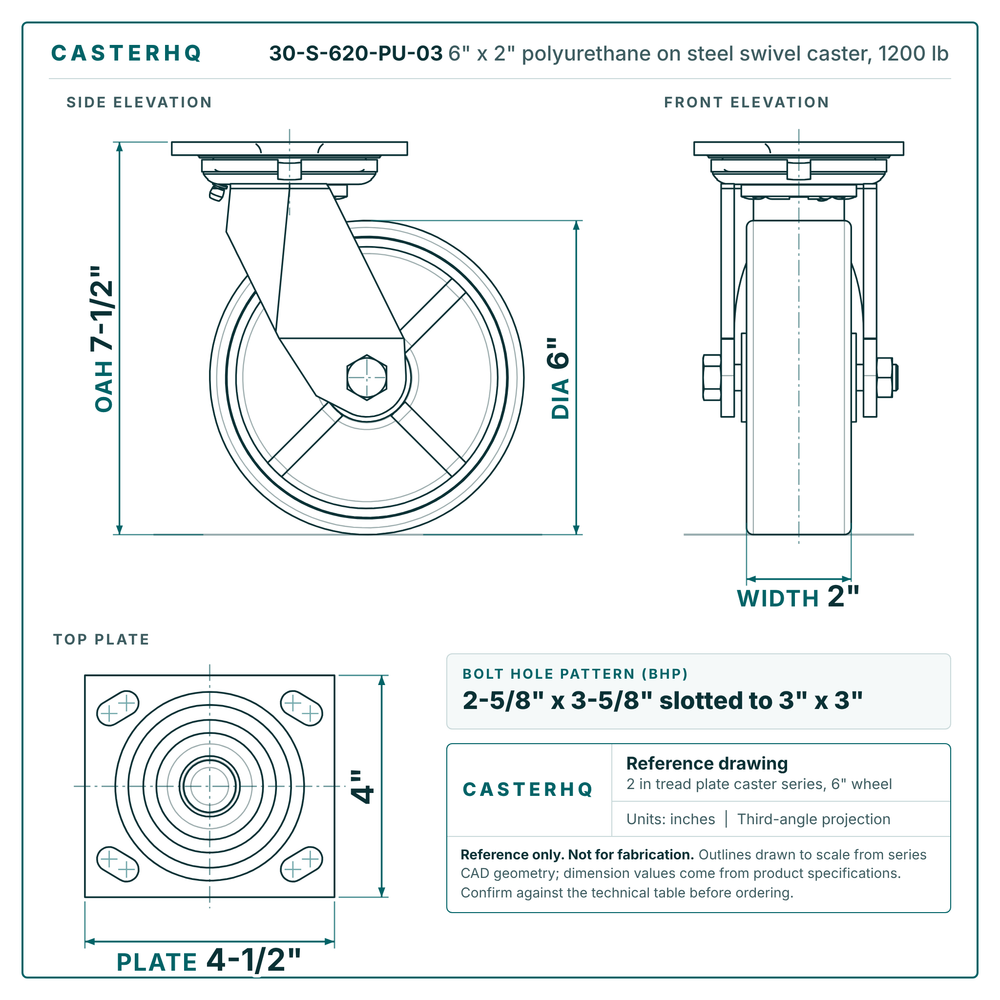 30-S-620-PU-03 6 x 2 in polyurethane on steel swivel caster reference drawing, side, front and top plate views with dimensions