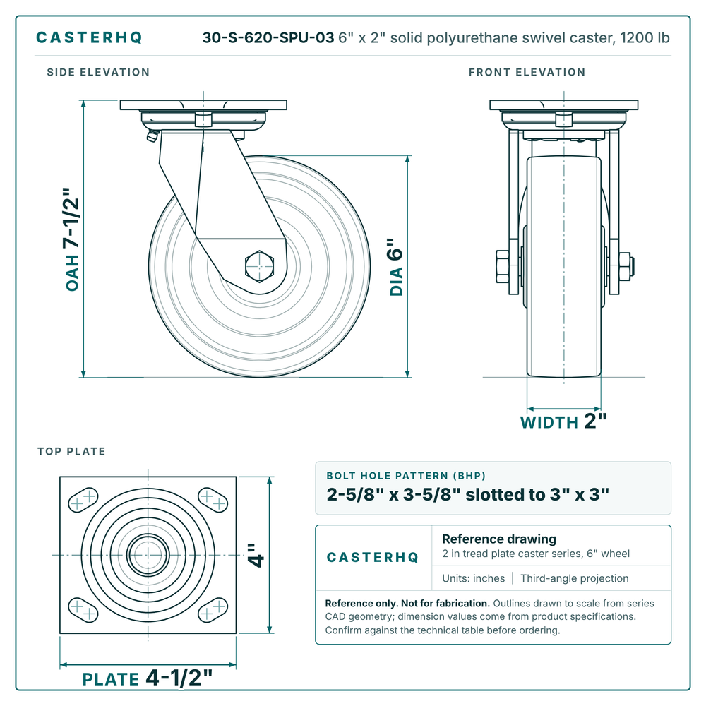 30-S-620-SPU-03 6 x 2 in solid polyurethane swivel caster reference drawing, side, front and top plate views with dimensions