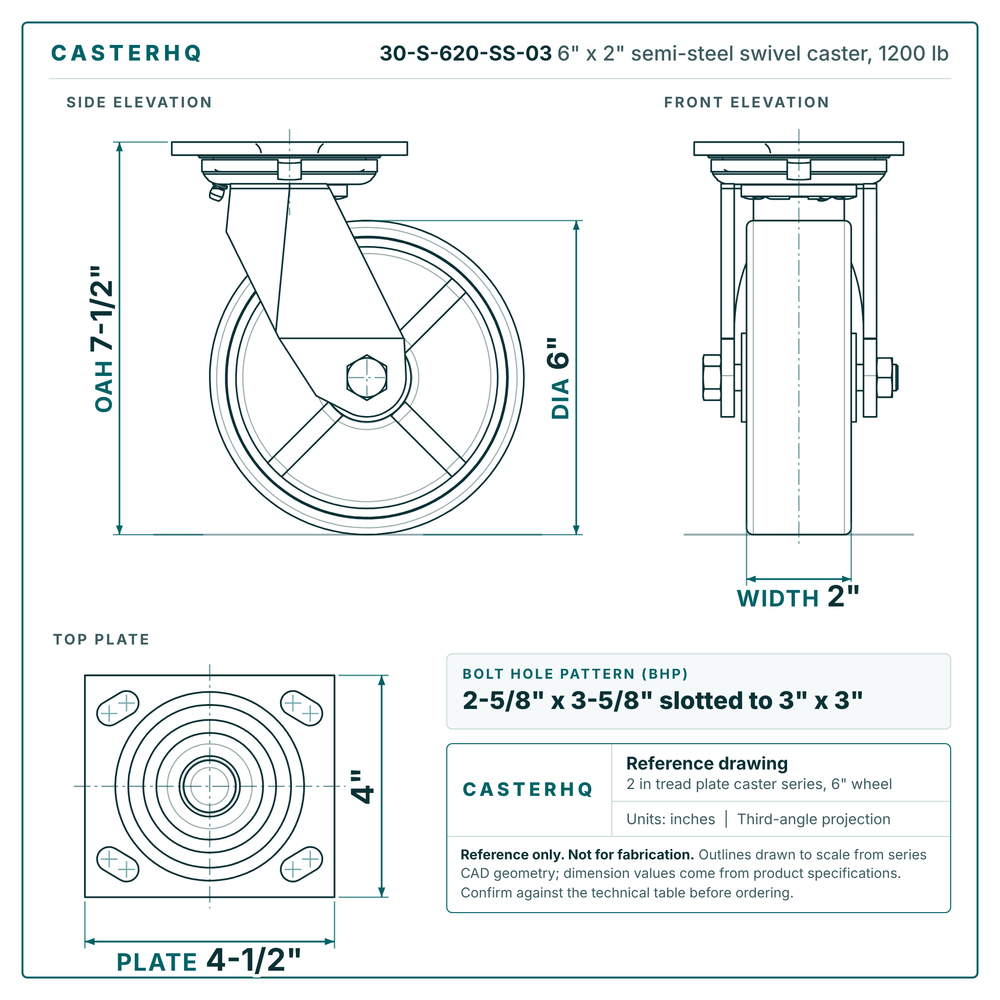 30-S-620-SS-03 6 x 2 in semi-steel swivel caster reference drawing, side, front and top plate views with dimensions