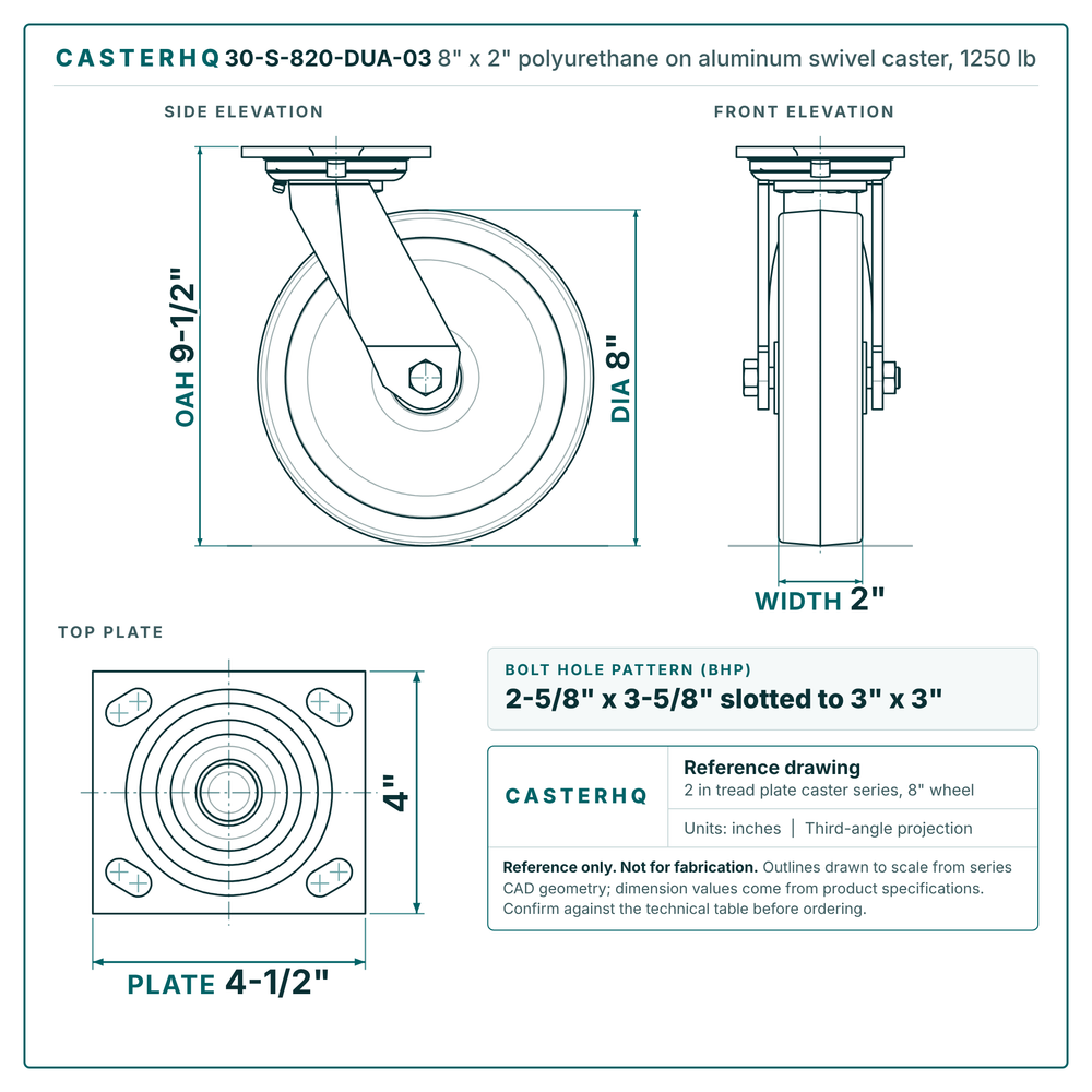 30-S-820-DUA-03 8 x 2 in polyurethane on aluminum swivel caster reference drawing, side, front and top plate views with dimensions