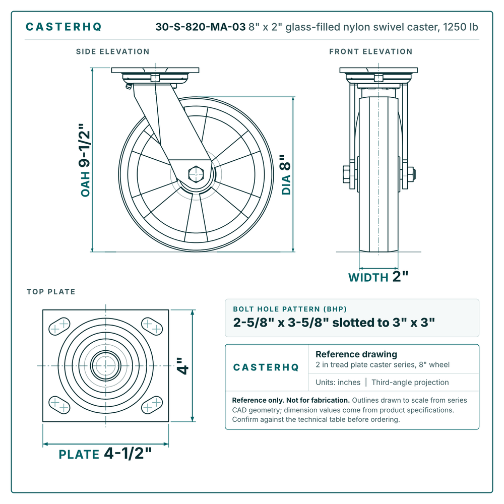 30-S-820-MA-03 8 x 2 in glass-filled nylon swivel caster reference drawing, side, front and top plate views with dimensions