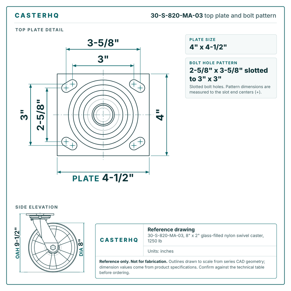 30-S-820-MA-03 top plate bolt pattern drawing, 4 x 4-1/2 in plate, slotted bolt holes