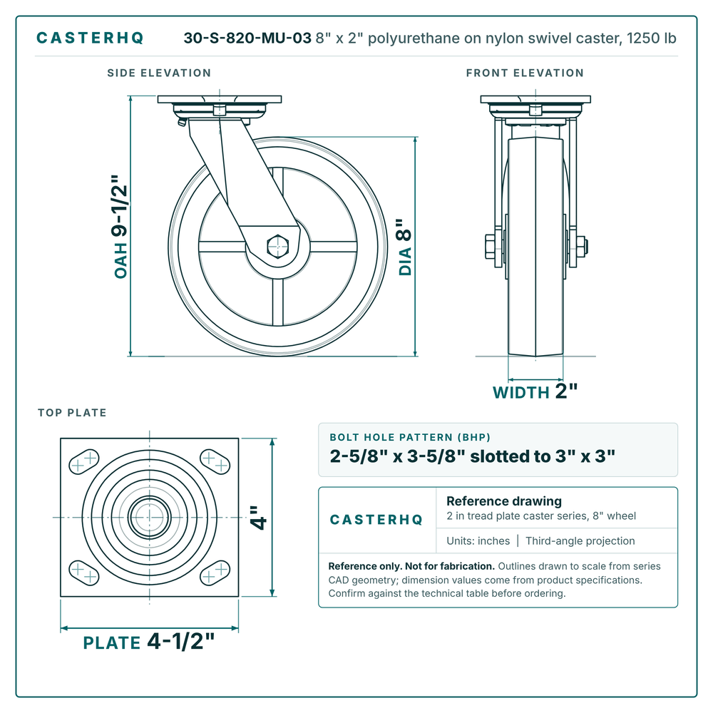 30-S-820-MU-03 8 x 2 in polyurethane on nylon swivel caster reference drawing, side, front and top plate views with dimensions