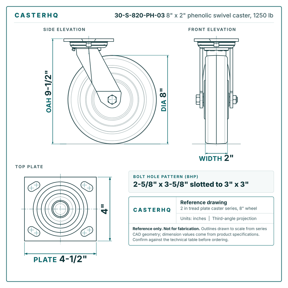 30-S-820-PH-03 8 x 2 in phenolic swivel caster reference drawing, side, front and top plate views with dimensions