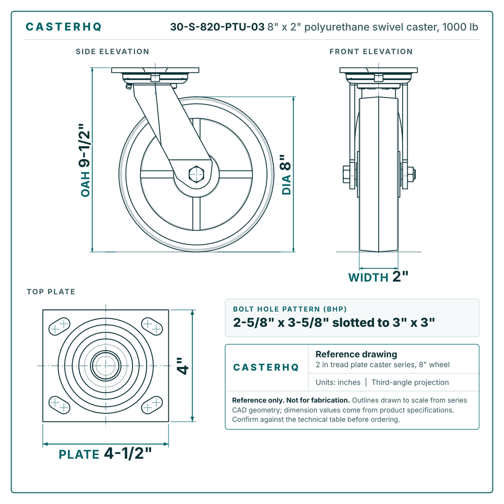 30-S-820-PTU-03 8 x 2 in polyurethane swivel caster reference drawing, side, front and top plate views with dimensions
