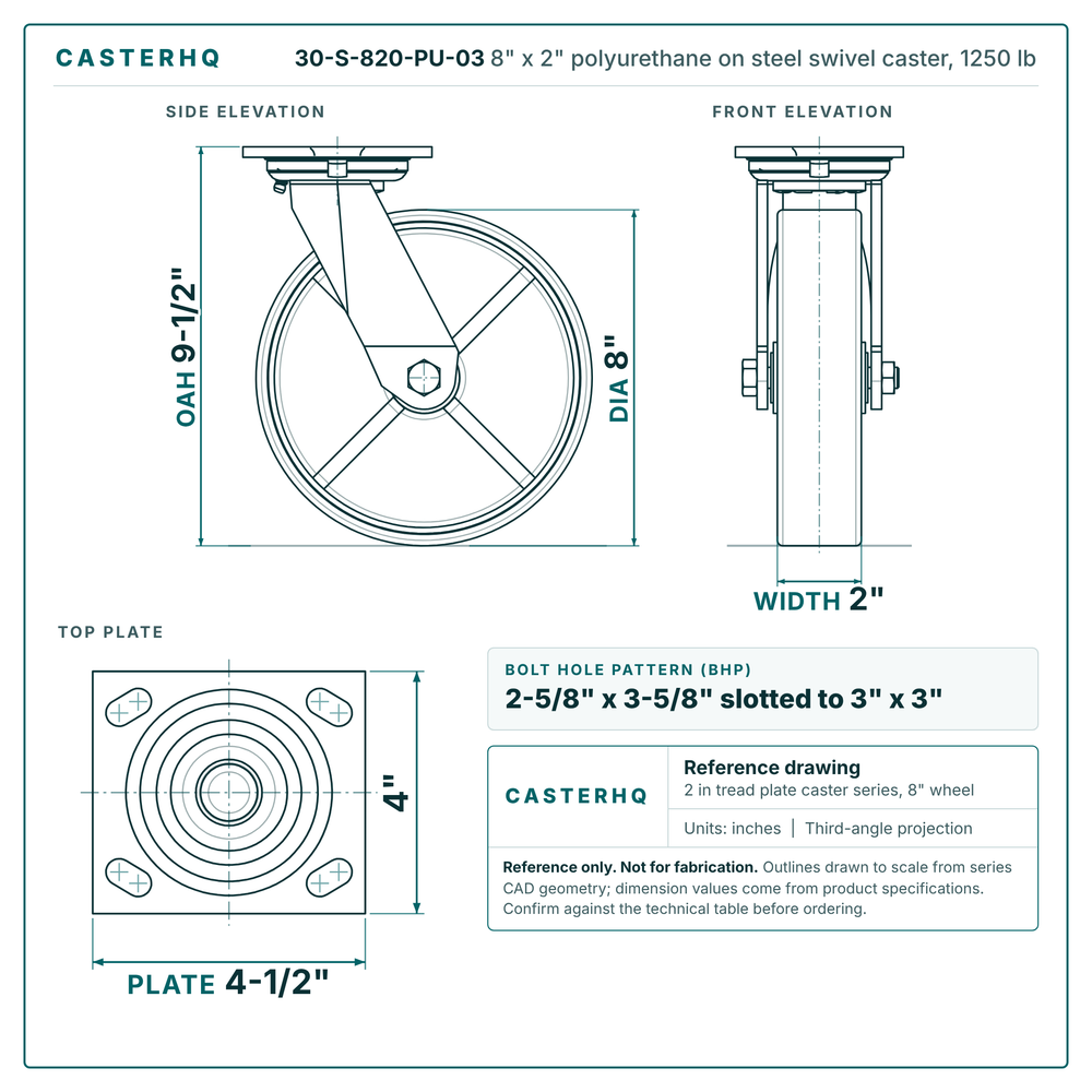 30-S-820-PU-03 8 x 2 in polyurethane on steel swivel caster reference drawing, side, front and top plate views with dimensions