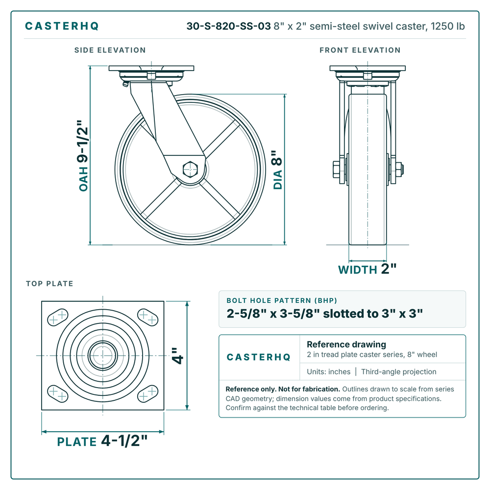 30-S-820-SS-03 8 x 2 in semi-steel swivel caster reference drawing, side, front and top plate views with dimensions