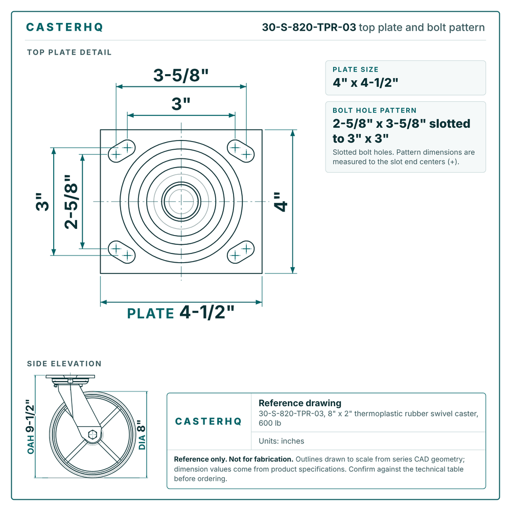 30-S-820-TPR-03 top plate bolt pattern drawing, 4 x 4-1/2 in plate, slotted bolt holes