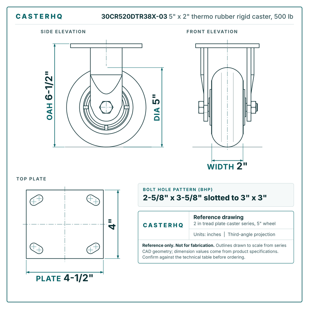 30CR520DTR38X-03 5 x 2 in thermo rubber rigid caster reference drawing, side, front and top plate views with dimensions