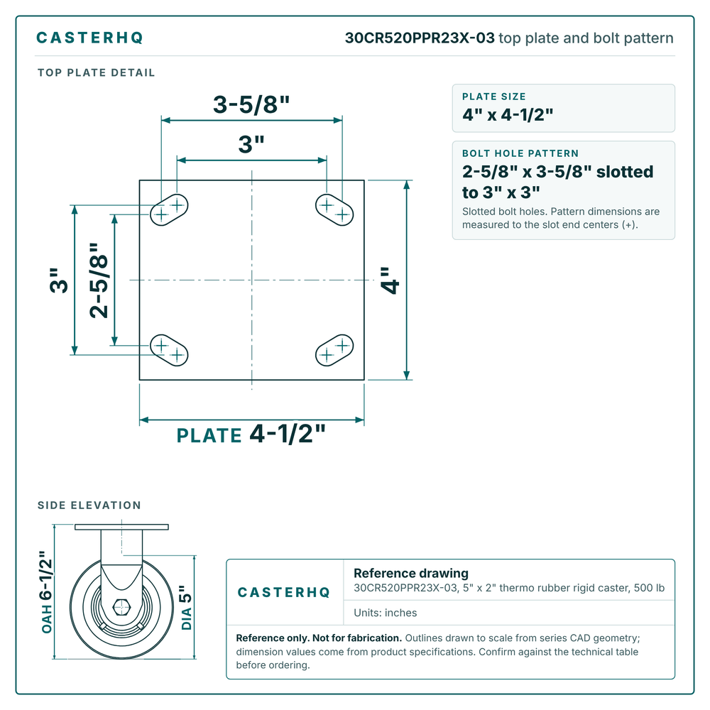 30CR520PPR23X-03 top plate bolt pattern drawing, 4 x 4-1/2 in plate, slotted bolt holes