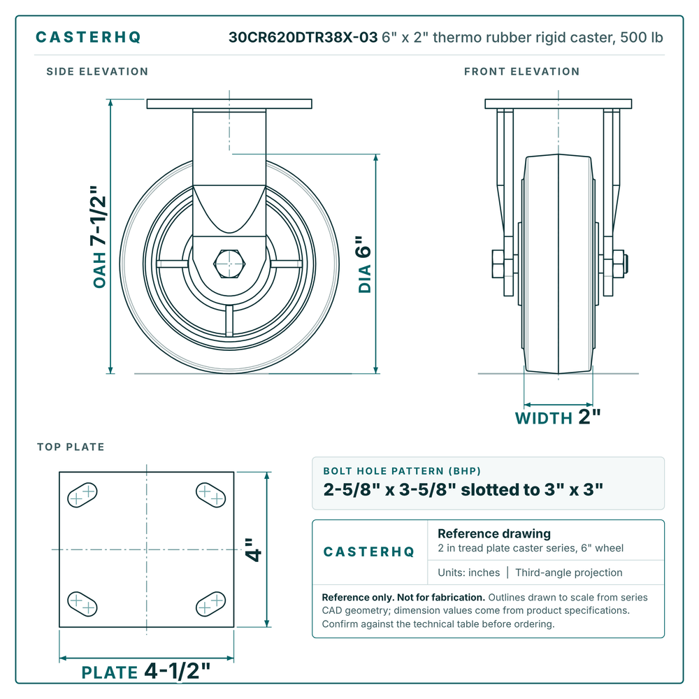 30CR620DTR38X-03 6 x 2 in thermo rubber rigid caster reference drawing, side, front and top plate views with dimensions