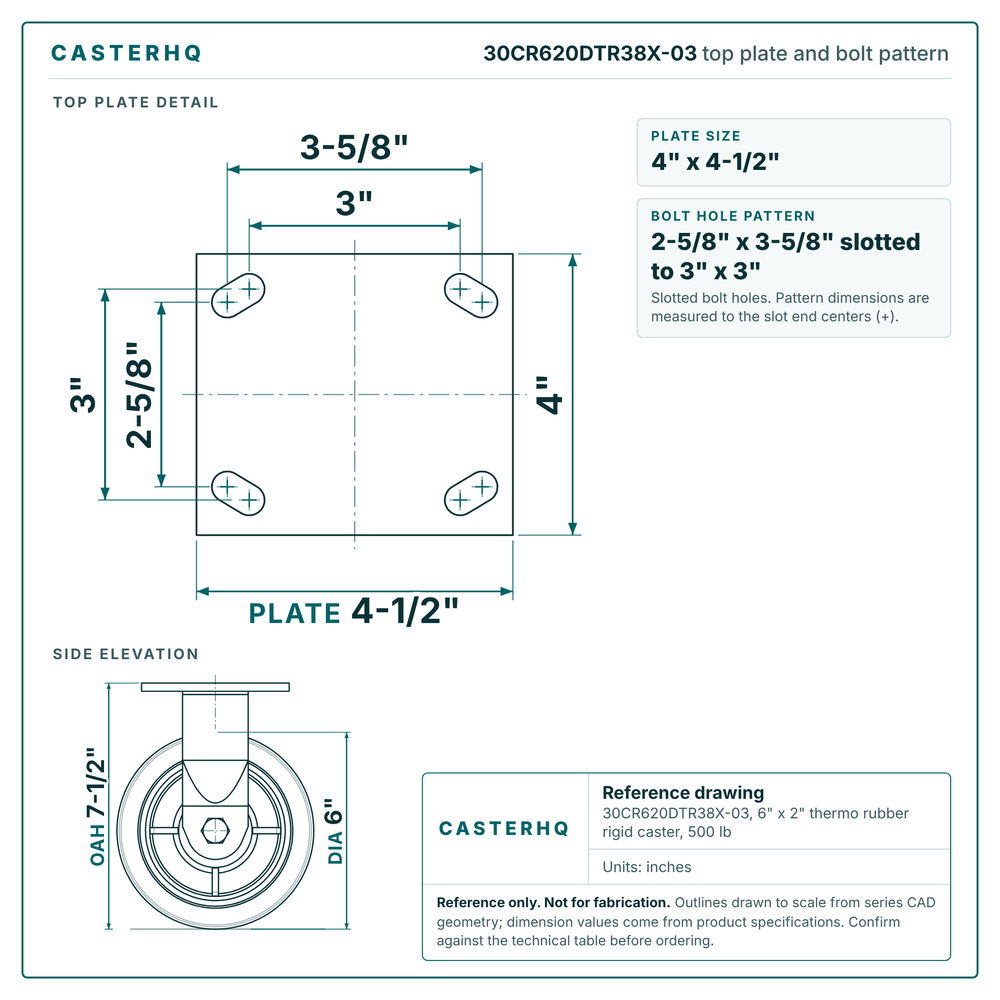 30CR620DTR38X-03 top plate bolt pattern drawing, 4 x 4-1/2 in plate, slotted bolt holes