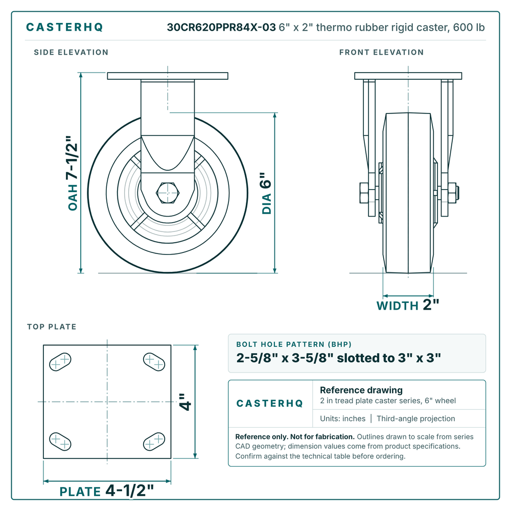 30CR620PPR84X-03 6 x 2 in thermo rubber rigid caster reference drawing, side, front and top plate views with dimensions