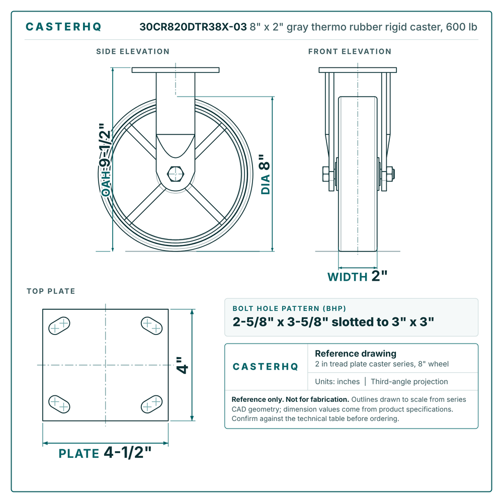 8" x 2" gray thermo rubber rigid caster reference drawing, side, front and top plate views with dimensions