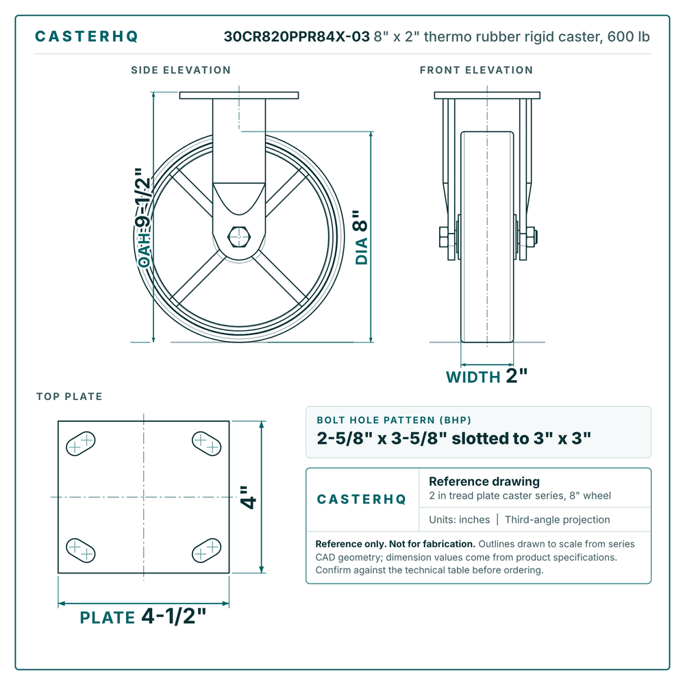 30CR820PPR84X-03 8 x 2 in thermo rubber rigid caster reference drawing, side, front and top plate views with dimensions