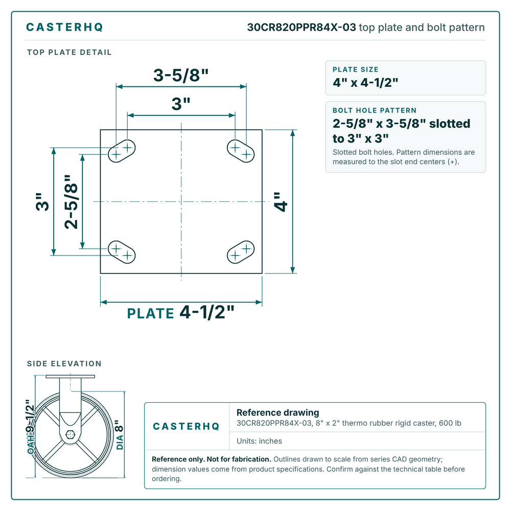 30CR820PPR84X-03 top plate bolt pattern drawing, 4 x 4-1/2 in plate, slotted bolt holes