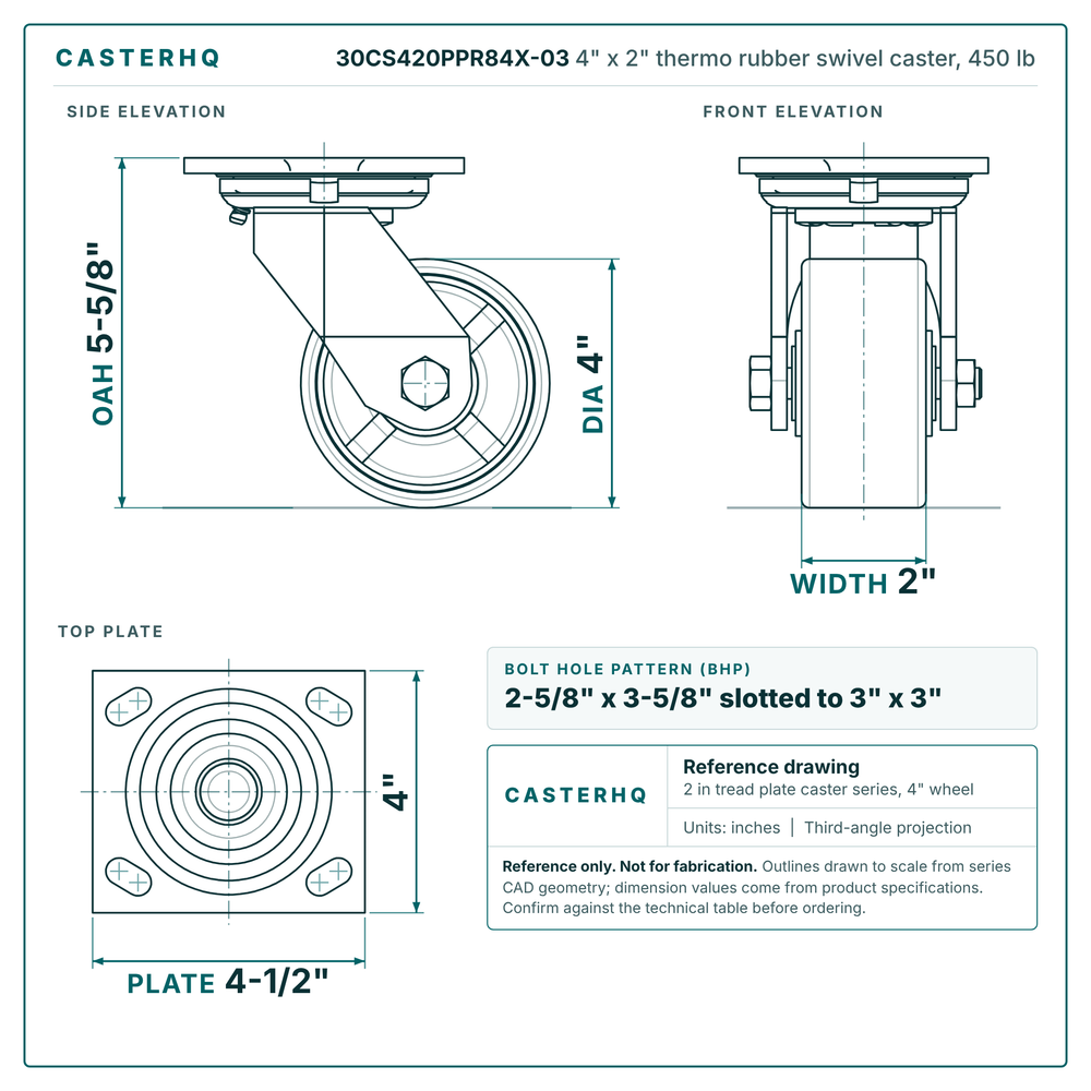 30CS420PPR84X-03 4 x 2 in thermo rubber swivel caster reference drawing, side, front and top plate views with dimensions