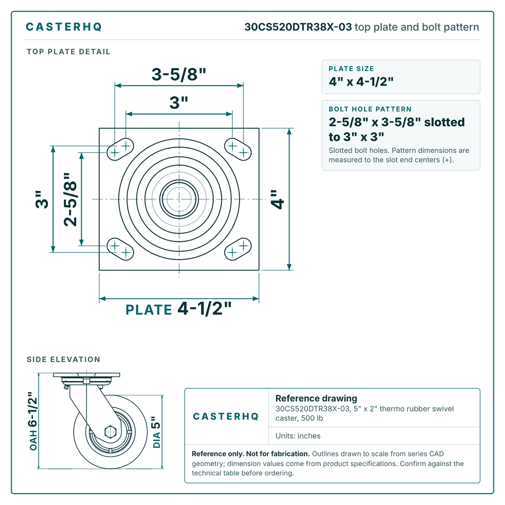 30CS520DTR38X-03 top plate bolt pattern drawing, 4 x 4-1/2 in plate, slotted bolt holes