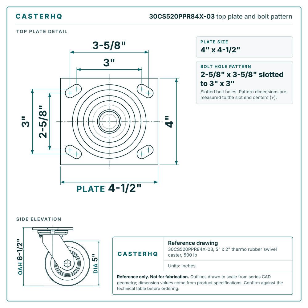 30CS520PPR84X-03 top plate bolt pattern drawing, 4 x 4-1/2 in plate, slotted bolt holes