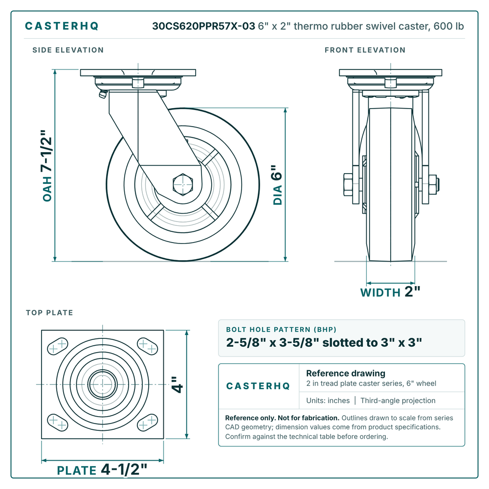 30CS620PPR57X-03 6 x 2 in thermo rubber swivel caster reference drawing, side, front and top plate views with dimensions