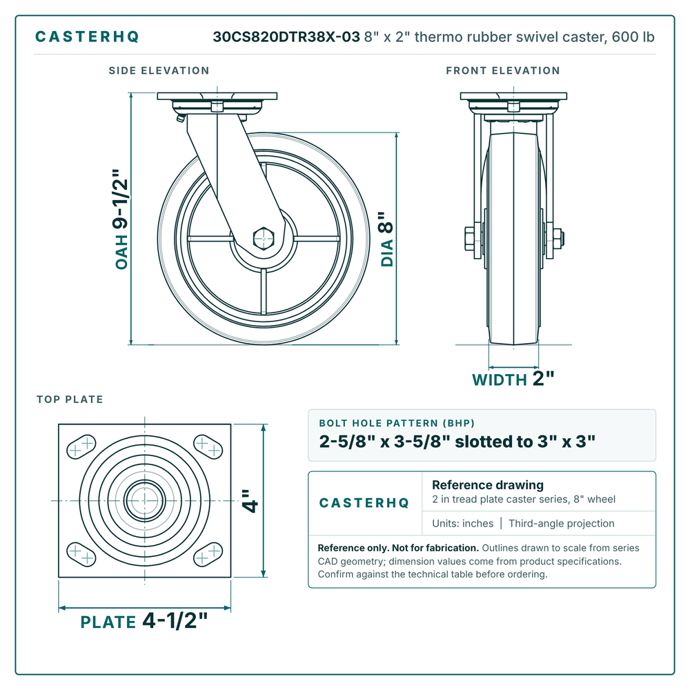 30CS820DTR38X-03 8 x 2 in crowned thermo rubber swivel caster reference drawing, side, front and top plate views with dimensions
