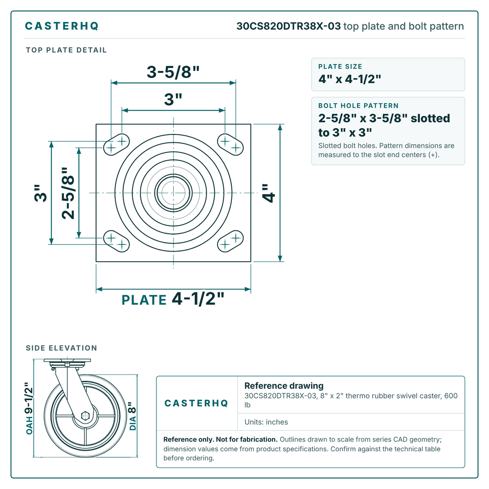 30CS820DTR38X-03 top plate bolt pattern drawing, 4 x 4-1/2 in plate, slotted bolt holes