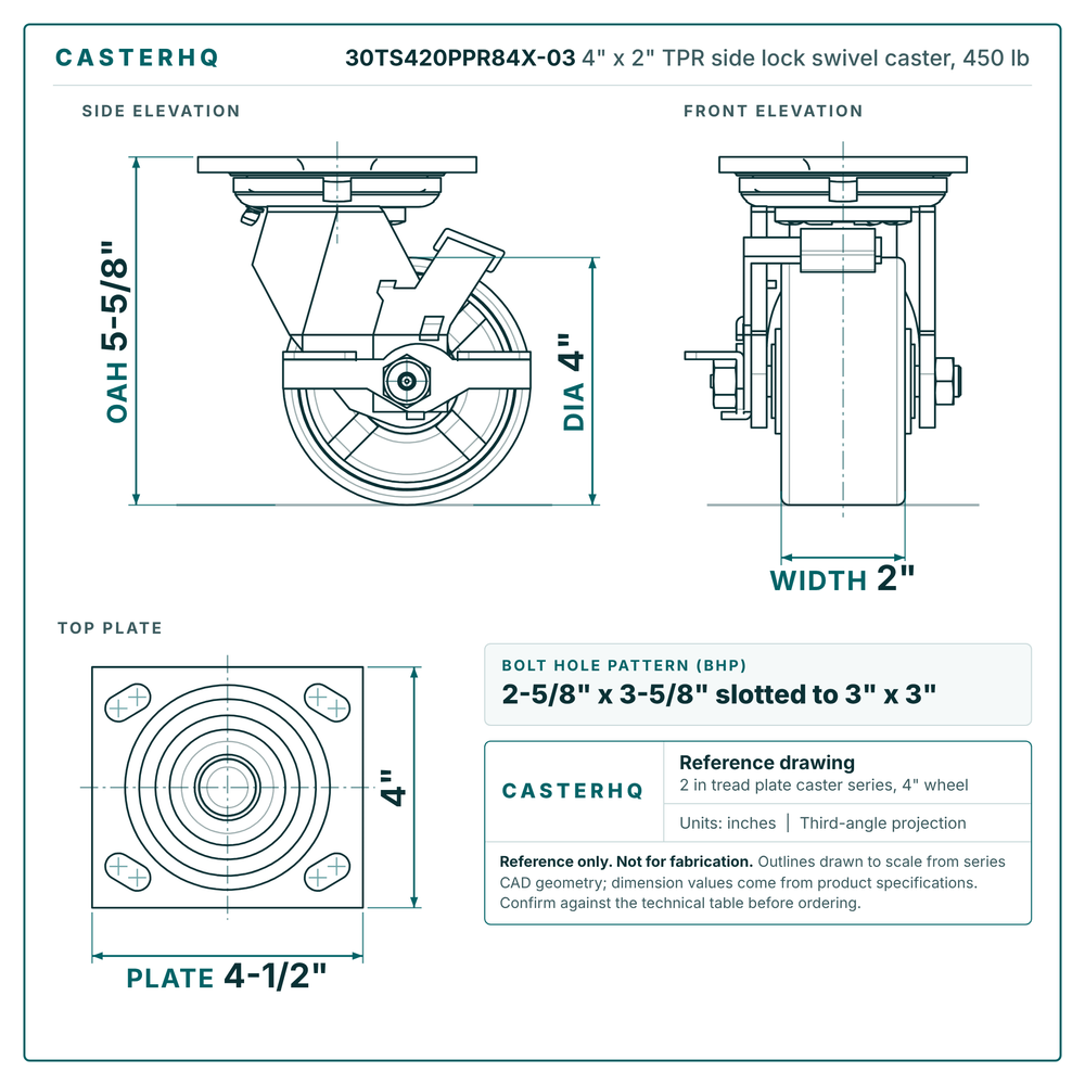 30TS420PPR84X-03 4 x 2 in TPR side lock swivel caster reference drawing, side, front and top plate views with dimensions