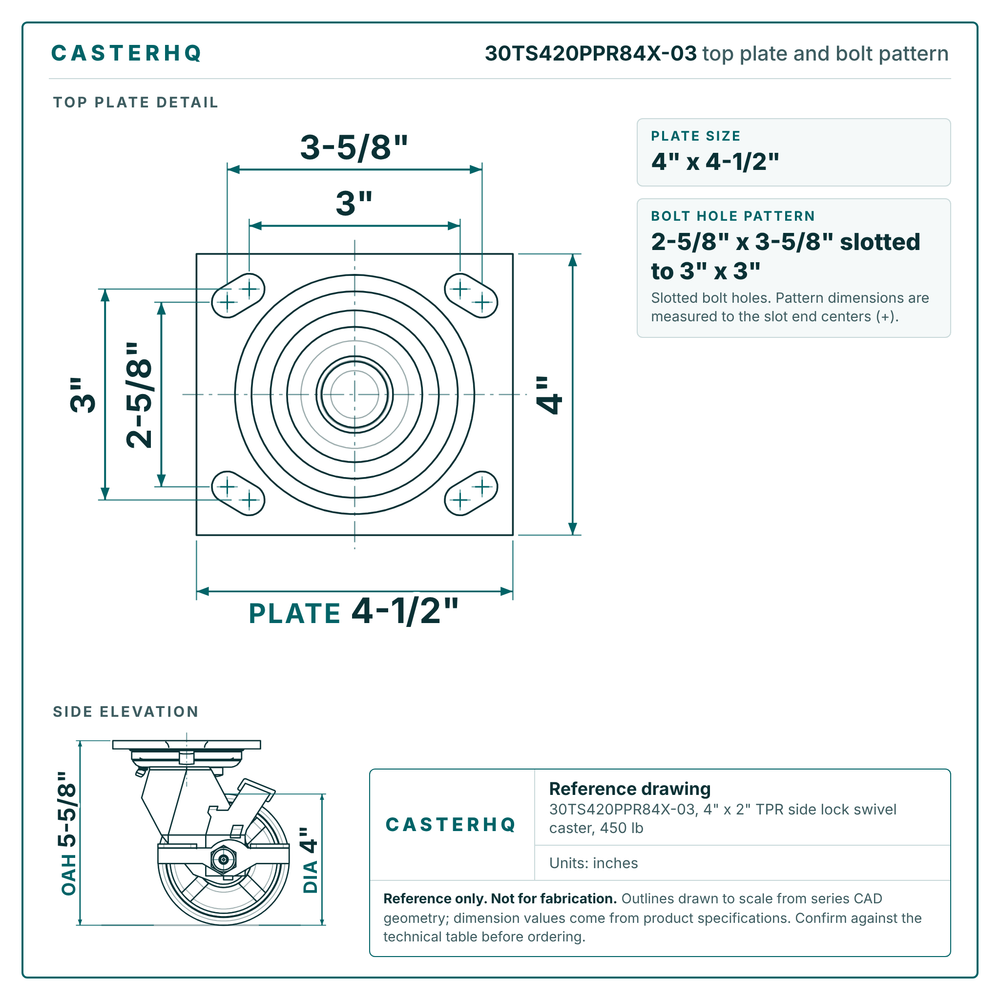 30TS420PPR84X-03 top plate bolt pattern drawing, 4 x 4-1/2 in plate, slotted bolt holes