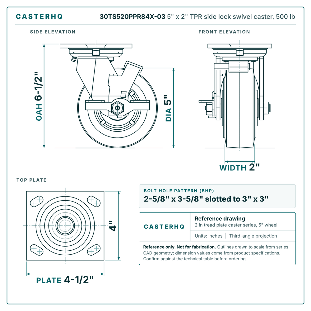 30TS520PPR84X-03 5 x 2 in TPR side lock swivel caster reference drawing, side, front and top plate views with dimensions