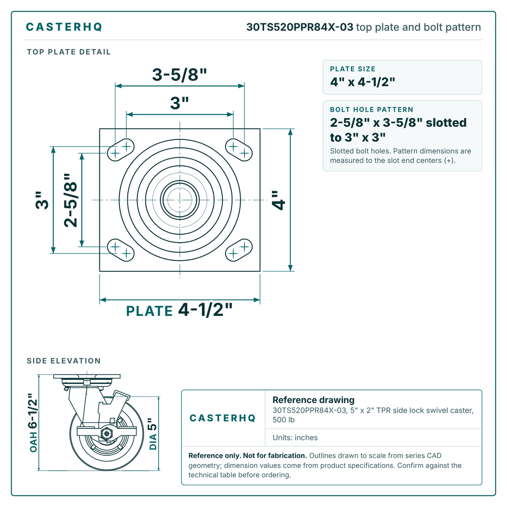 30TS520PPR84X-03 top plate bolt pattern drawing, 4 x 4-1/2 in plate, slotted bolt holes