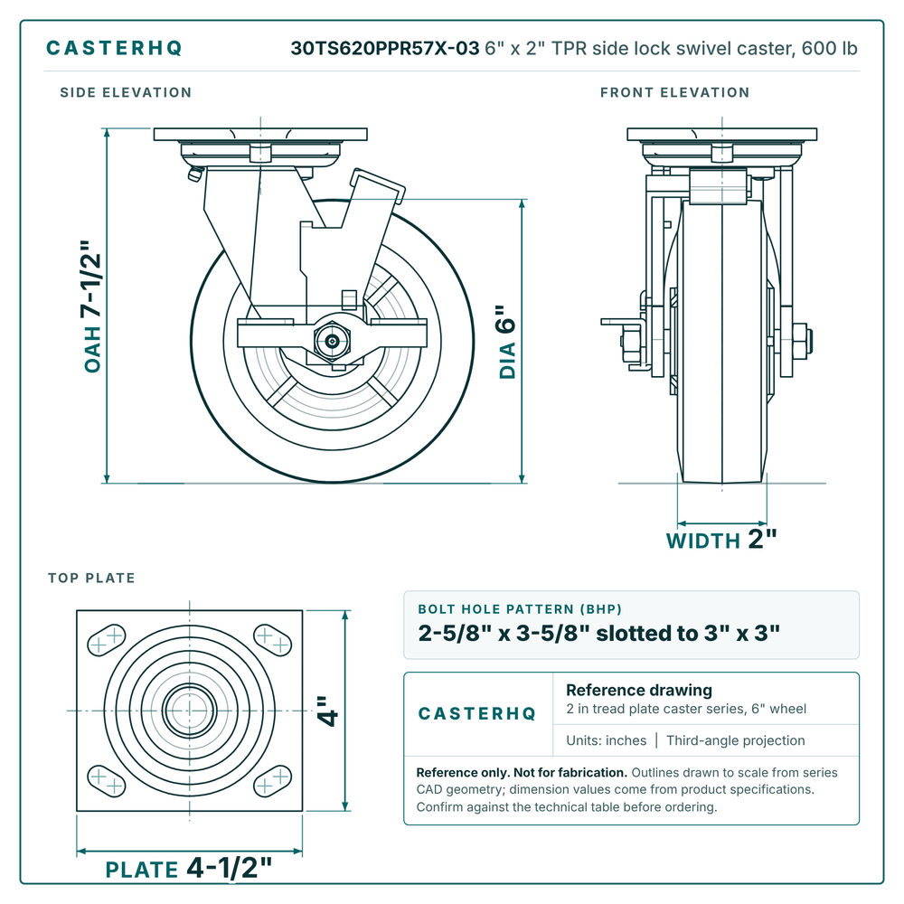 30TS620PPR57X-03 6 x 2 in TPR side lock swivel caster reference drawing, side, front and top plate views with dimensions