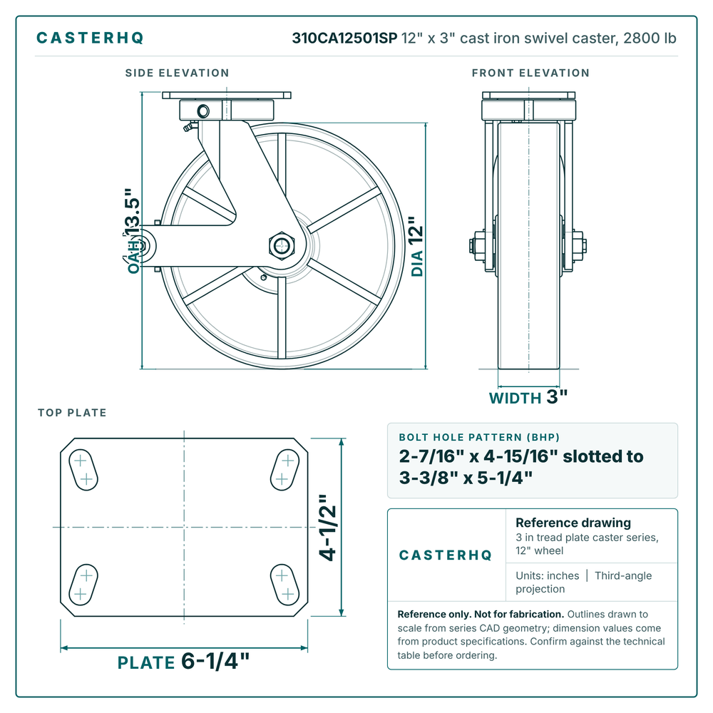 310CA12501SP 12 x 3 in cast iron swivel caster reference drawing, side, front and top plate views with dimensions