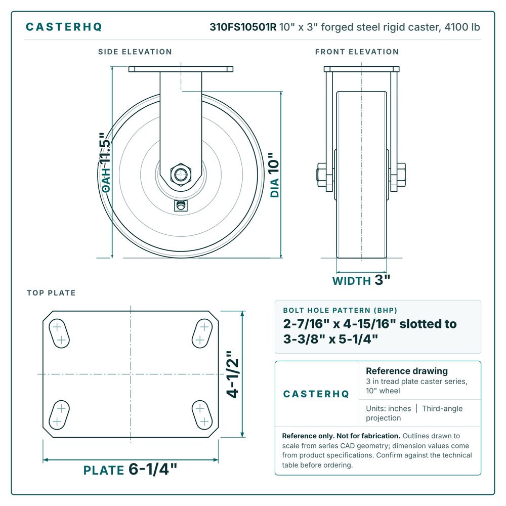 310FS10501R 10 x 3 in forged steel rigid caster reference drawing, side, front and top plate views with dimensions