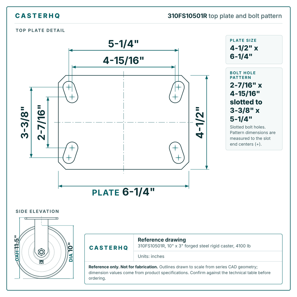 310FS10501R top plate bolt pattern drawing, 4-1/2 x 6-1/4 in plate, slotted bolt holes