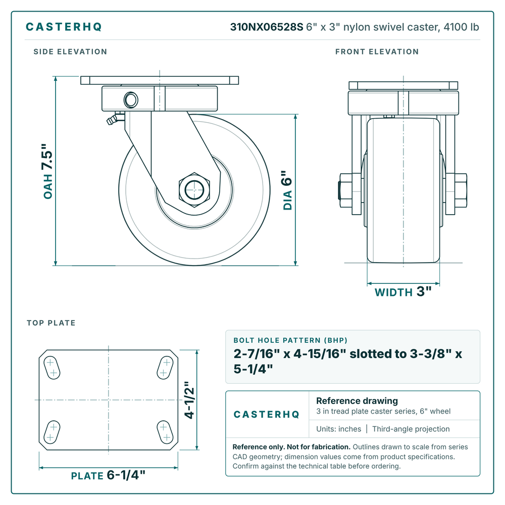 310NX06528S 6 x 3 in nylon swivel caster reference drawing, side, front and top plate views with dimensions