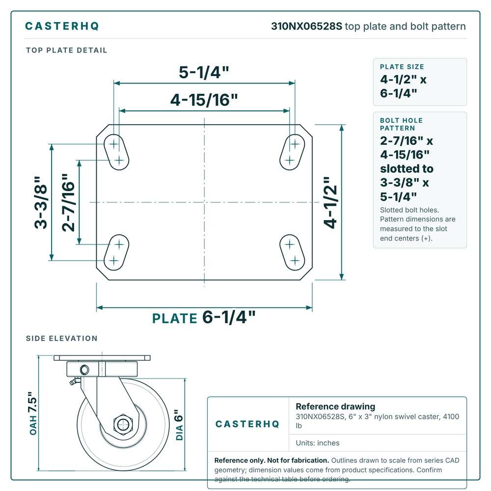310NX06528S top plate bolt pattern drawing, 4-1/2 x 6-1/4 in plate, slotted bolt holes