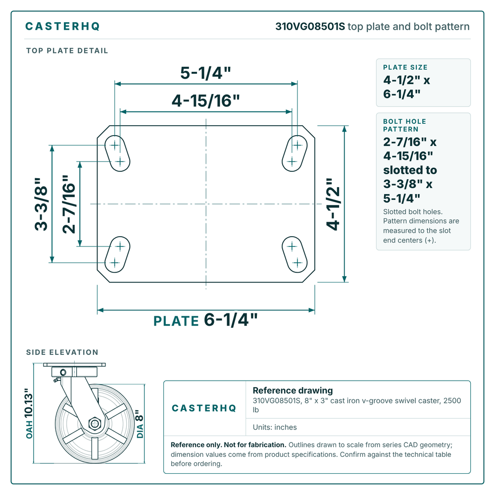 310VG08501S top plate bolt pattern drawing, 4-1/2 x 6-1/4 in plate, slotted bolt holes