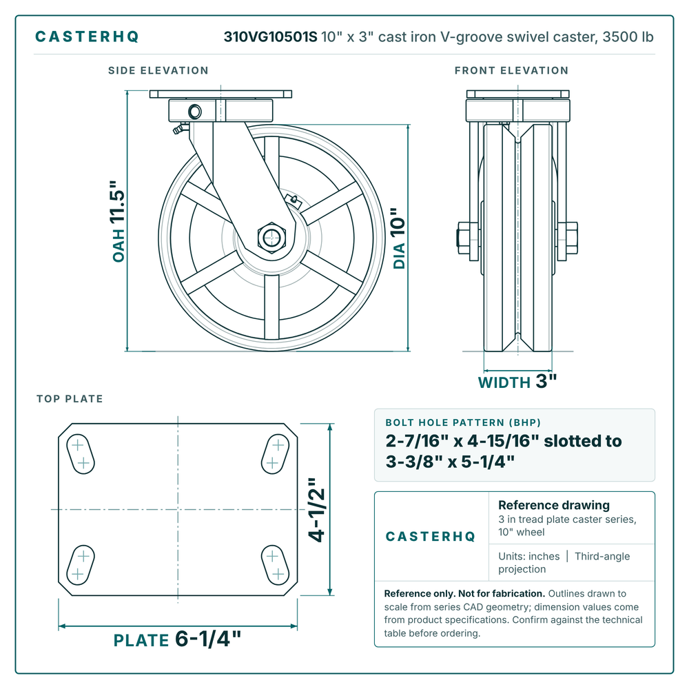 310VG10501S 10 x 2 in cast iron V-groove swivel caster reference drawing, side, front and top plate views with dimensions
