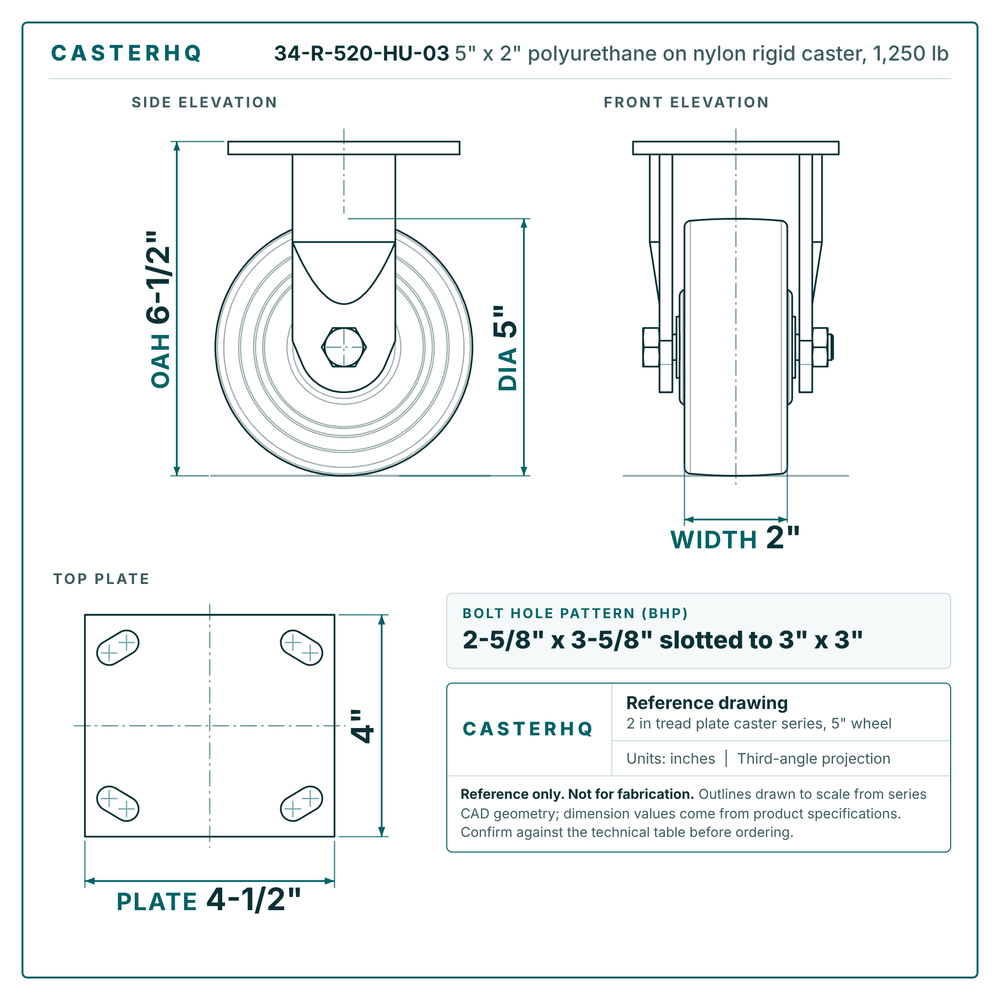 5" x 2" polyurethane on nylon rigid caster reference drawing, side, front and top plate views with dimensions