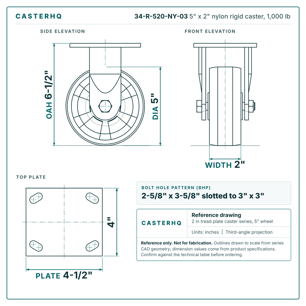5" x 2" nylon rigid caster reference drawing, side, front and top plate views with dimensions