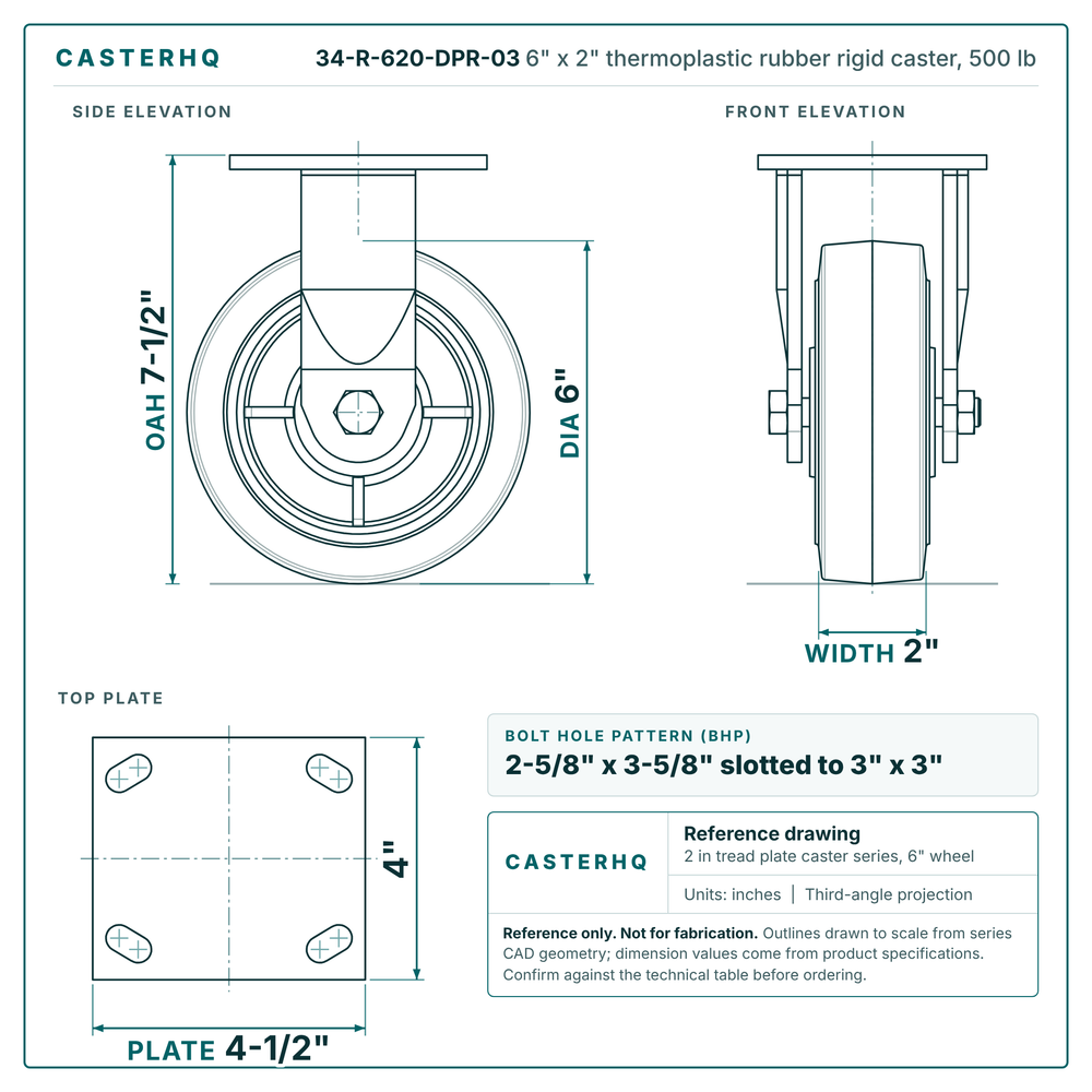 6" x 2" thermoplastic rubber rigid caster reference drawing, side, front and top plate views with dimensions