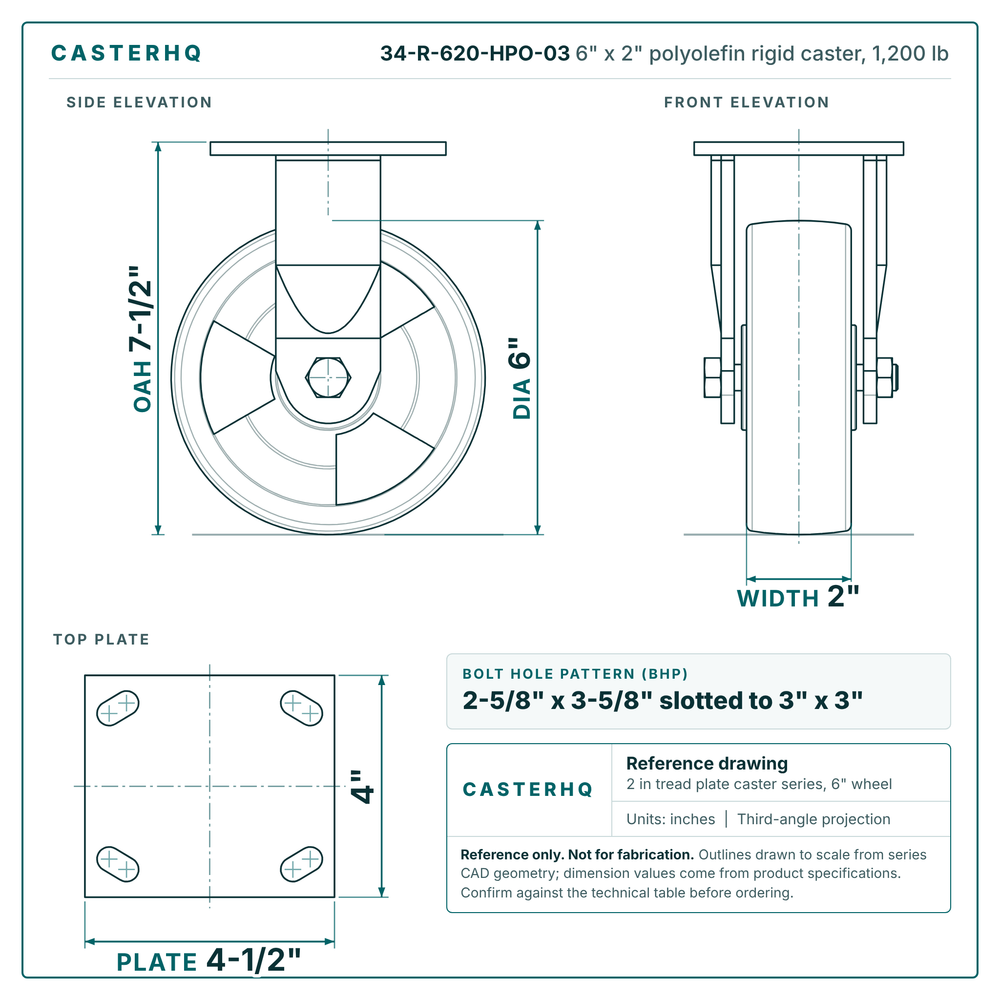 6" x 2" polyolefin rigid caster reference drawing, side, front and top plate views with dimensions