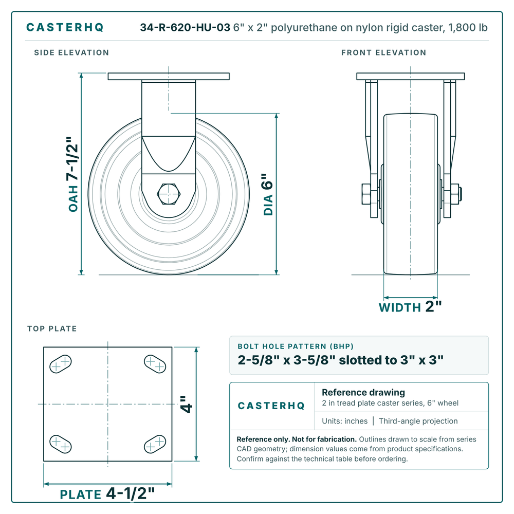 6" x 2" polyurethane on nylon rigid caster reference drawing, side, front and top plate views with dimensions